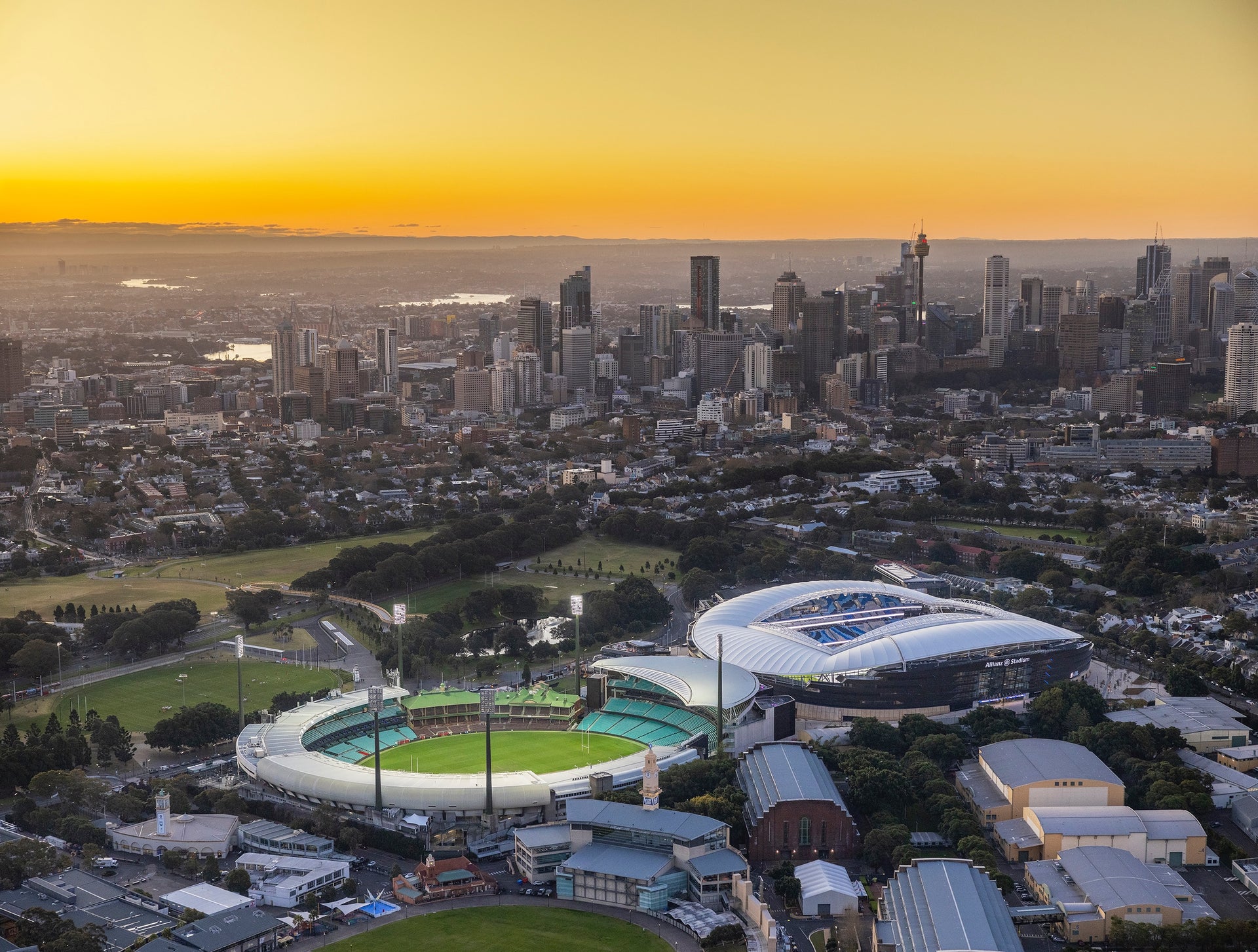 Sydney skyline overlooking the Sydney Cricket Ground and Allianz Stadium